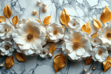 3d wallpaper, golden leaves on marble background. Created with Ai
