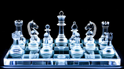 Elegant Glass Chess Set on Reflective Board.