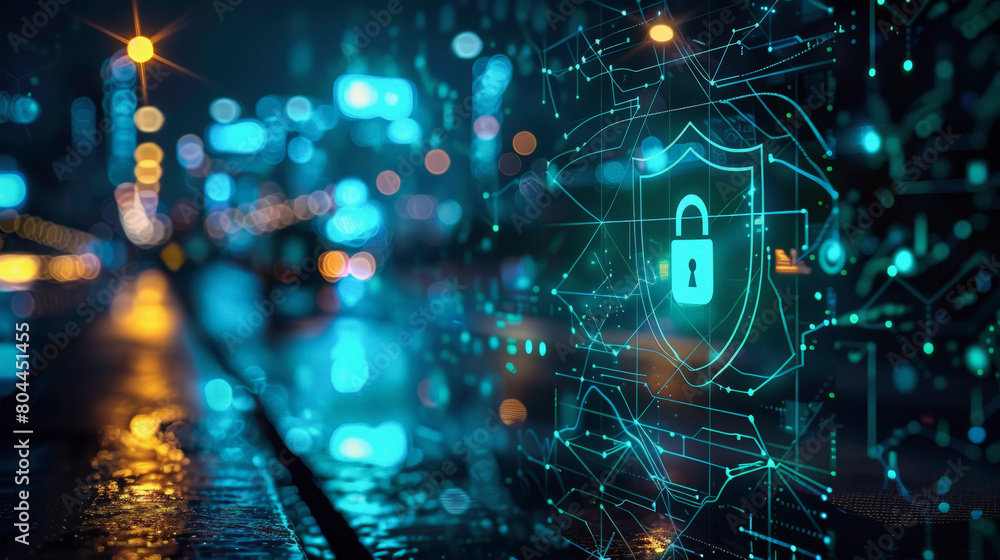 Poster digital representation of cybersecurity with a shield and padlock icons overlaying a futuristic city