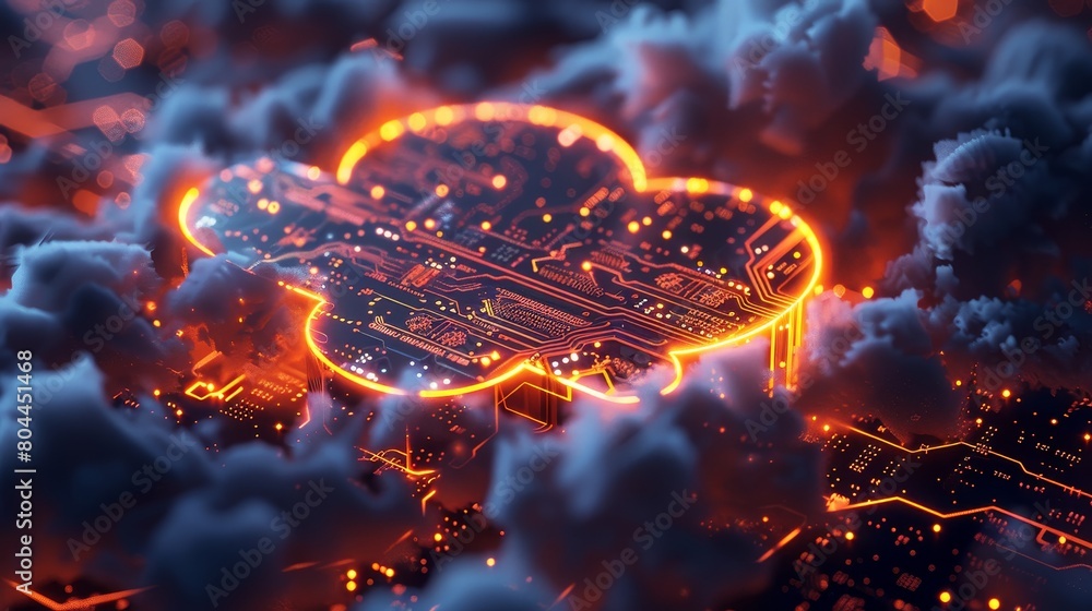 Poster a glowing cloud server in the shape of a circuit board, set against a dark background