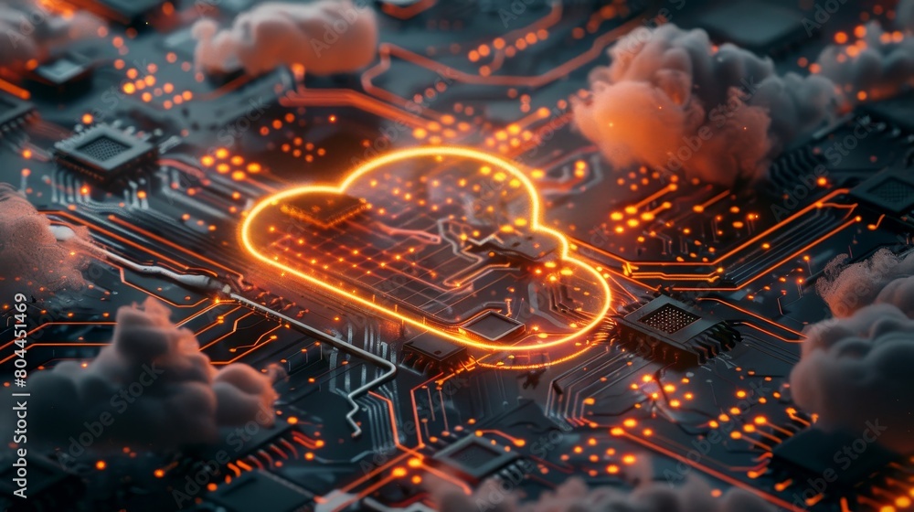 Poster a glowing cloud server on a dark circuit board, creating a futuristic scene