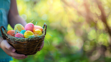 Close up of hands holding a basket with colorful Easter eggs,