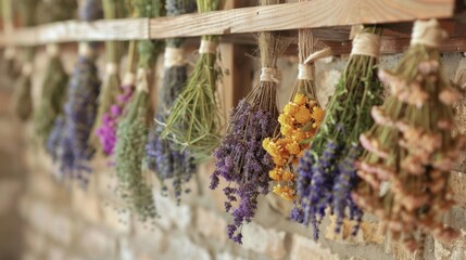 A collection of dried herbs hang from a wooden rack ready to be used in future herbal remedies.