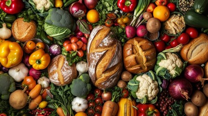 Top view of fresh groceries produce seamless.