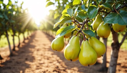 Fruit farm with pears. Branch with natural pearls on blurred background of pears orchard in golden hour. Concept organic, local, season fruits and harvesting.