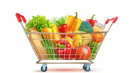 Vector illustration of a basket of fresh groceries produce on plain background.