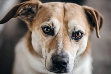 Portrait of rescued dog with sad eyes.