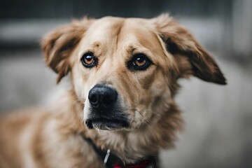 Portrait of rescued dog with sad eyes.
