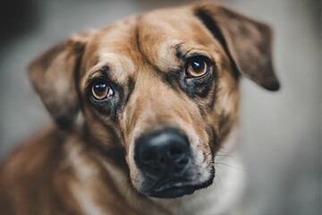 Portrait of rescued dog with sad eyes.