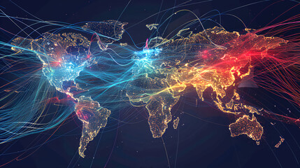 Global Network Connection - Vibrant digital world map showing global network connections with glowing lines and nodes, representing data flow and communication.