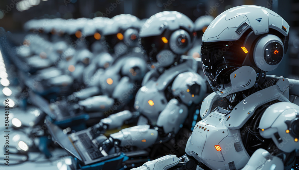 Poster a row of futuristic robots with humanoid features and glowing orange eyes, lined up in a high-tech f