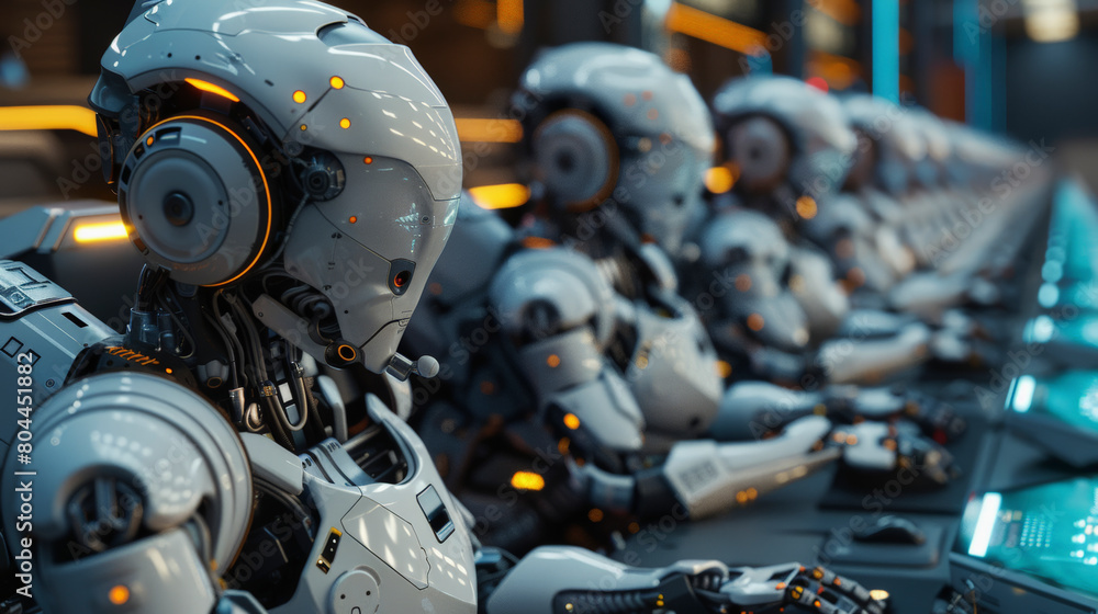 Poster a row of advanced humanoid robots with intricate mechanical details sitting at a futuristic control 