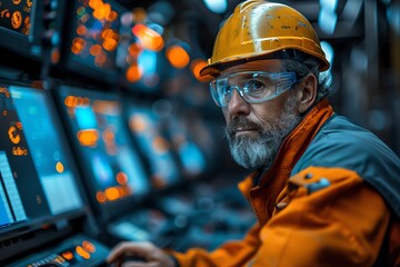over-the-shoulder view of an engineer monitoring production line activity on computer screens, moody lighting, tech-forward atmosphere