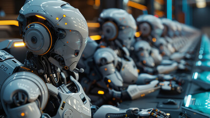 A row of advanced humanoid robots with intricate mechanical details sitting at a futuristic control panel possibly within a high-tech facility or spaceship.