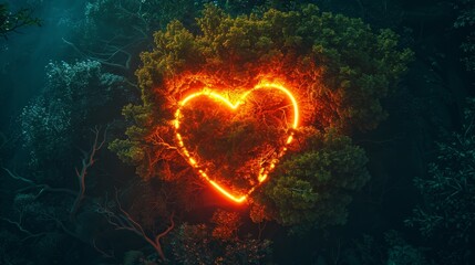 neon heart radiating light in the midst of a dense forest of orange and yellow