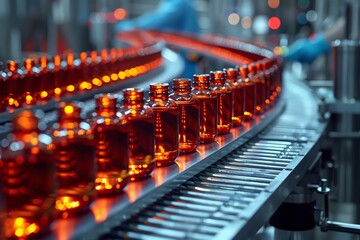 Team of engineers at a pharmaceutical production line, inspecting vial filling with a sterile environment, mid-shot