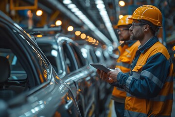 Team of engineers with tablets discussing in car assembly plant, dynamic angle, harsh overhead light,