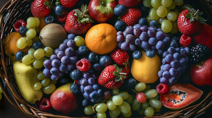 A variety of fresh fruits in a basket, including strawberries, blueberries, grapes, and oranges