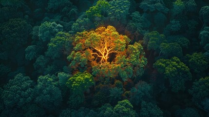 Obraz premium neon tree amidst a dense forest, viewed from above of vibrant green and neon orange