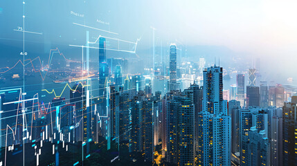 Futuristic Night Cityscape with Digital Interface - A futuristic cityscape at night with a digital interface overlay, highlighting advanced technology and smart urban infrastructure.