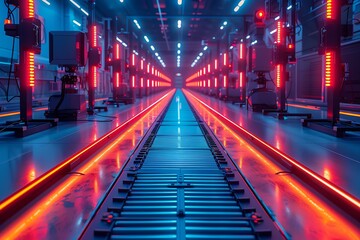 Wide-angle view of a futuristic robotics manufacturing floor, bright lighting, vivid colors,