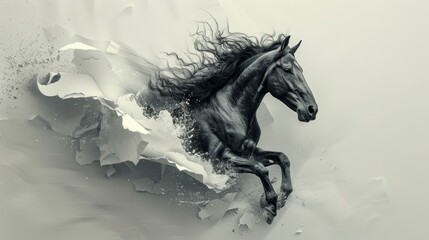 A mesmerizing scene depicting a horse breaking through a hole in a paper background