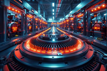 Wide-angle view of a futuristic robotics manufacturing floor, bright lighting, vivid colors,