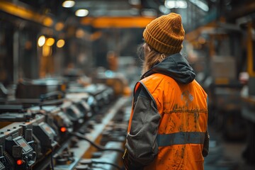 Worker in high vis vest at machinery, shallow focus, warm tones,