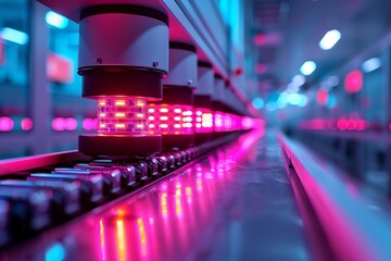 Wide-angle view of a futuristic robotics manufacturing floor, bright lighting, vivid colors,