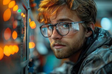 young engineer programming automated machinery on a food production line, warm colors, focused ambient light, candid shot