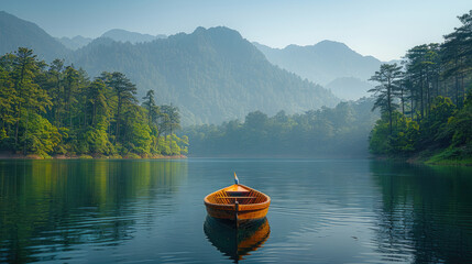 A small wooden boat floats on the calm lake, surrounded by lush forests and misty mountains in the background. Created with Ai