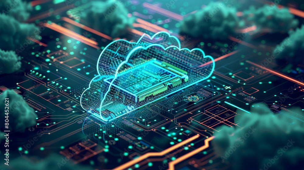 Poster a modern interpretation of cloud computing, accented with neon