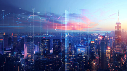 Modern Cityscape with Digital Data Overlay - A modern city skyline with digital data overlay, representing technology, innovation, and urban connectivity.