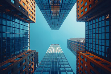 A minimalist composition of skyscrapers rising against a backdrop of clear blue skies, their forms standing out in stark relief. top view