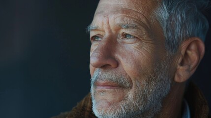 An older man embraces his grey hair and wrinkles rejecting societal pressure for men to maintain a perpetually youthful appearance. - obrazy, fototapety, plakaty