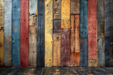 A wall made of multicolored wood slats, each with its own unique texture and grain pattern. Created with Ai