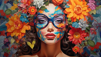 A colorful painting of a woman with a floral pattern on her face.