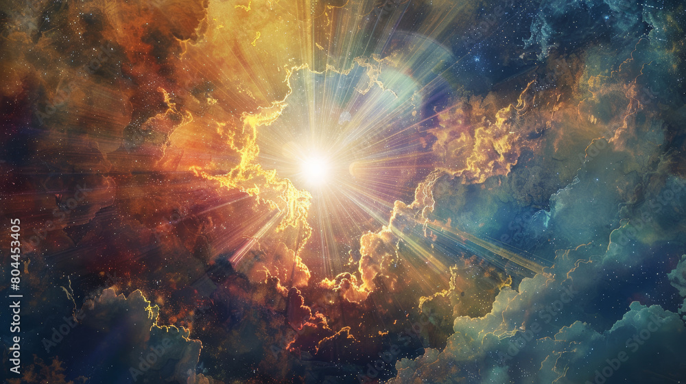 Wall mural a visionary depiction of revelation 21-22, showing a radiant new heaven and a new earth emerging fro