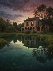 Obraz premium Tranquil Lakeside Retreat with Roof House at Sunset