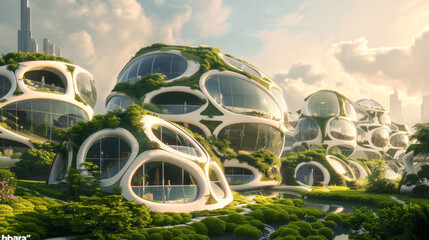 A visionary scene depicting a community living in a city designed entirely with sustainable and harmonious principles.