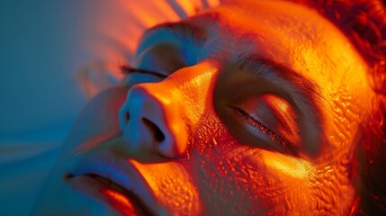 The soft glow of the infrared lights reflected on the persons skin creating a sense of warmth and comfort in the healing process..
