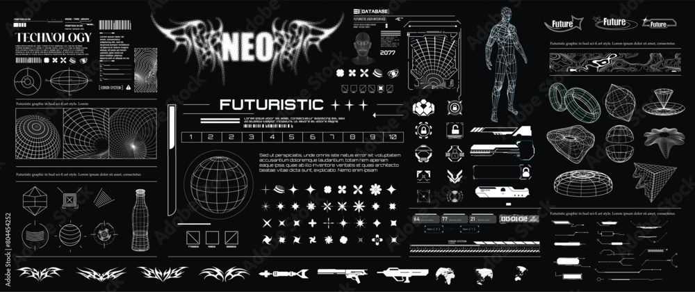 Aufkleber sci-fi inspired futuristic typography and lettering, complete with hud and big set y2k elements. ext