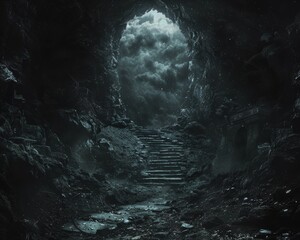 Mysterious cave stairs leading to a moonlit night