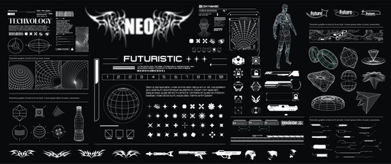 Sci-fi inspired futuristic typography and lettering, complete with HUD and big set Y2K elements. Extensive Collection of Futuristic HUD and Sci-Fi Interface Elements. Vector illustration