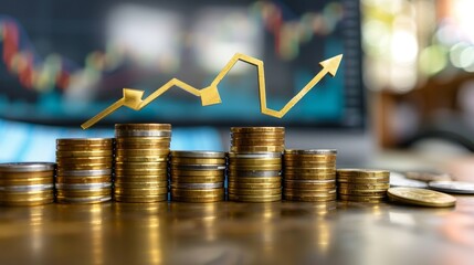 stacks of coins alongside a stock market graph and an upward arrow, with colors of gold and blue
