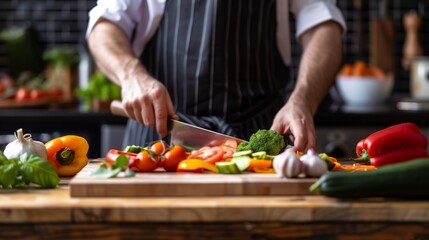 chef Slicing vegetables on wood background