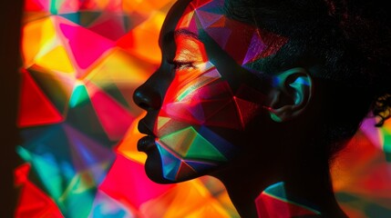 A woman head, partially hidden in darkness, with colorful geometric patterns peeking through
