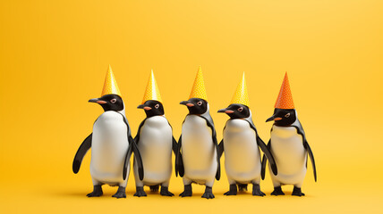 Group of penguins in mismatched colorful party hats and bow ties, isolated on a bright yellow background, ideal for birthday party invite advertisement, with copy space