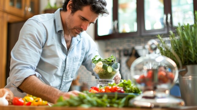 A man practicing meal portion control and using a food scale as he strives to maintain a balanced and nutritious diet.