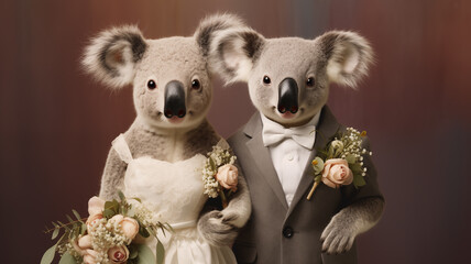 Koala couple in wedding attire, cuddly and sweet, on a solid silver background